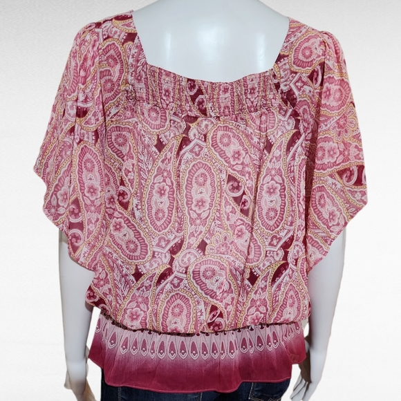 Mudd Pink Paisley Sheer Peplum Square Neck Blouse Size Large - Picture 4 of 6